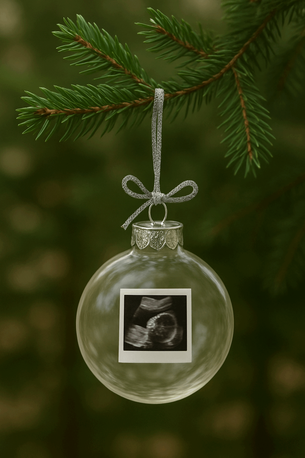 Clear Christmas ornament with ultrasound photo on a green tree branch