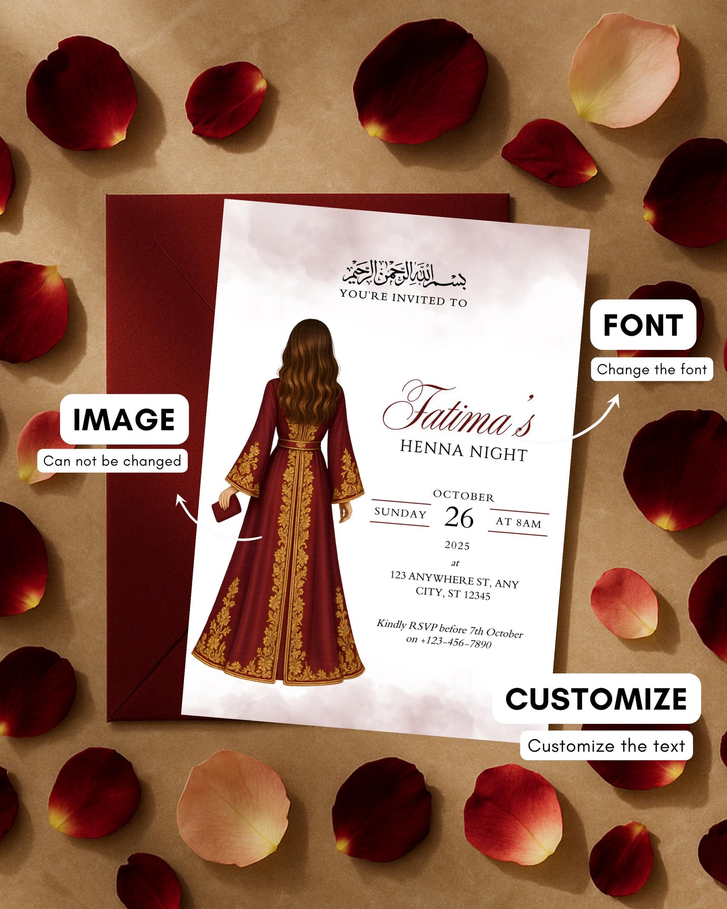 Henna night invitation card with a woman in a red dress surrounded by rose petals on a brown background.