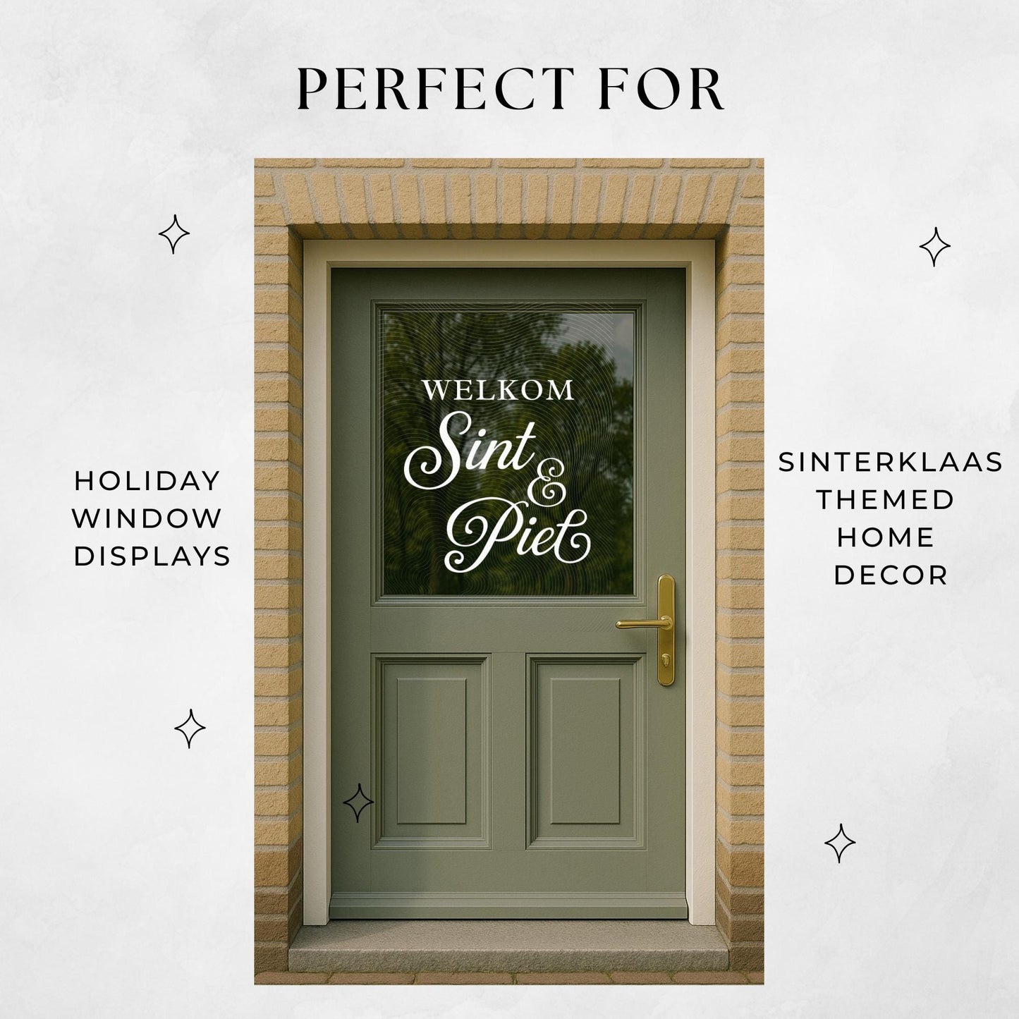 Door with 'WELKOM Sint & Piet' decal, suitable for holiday window displays and Sinterklaas themed home decor.