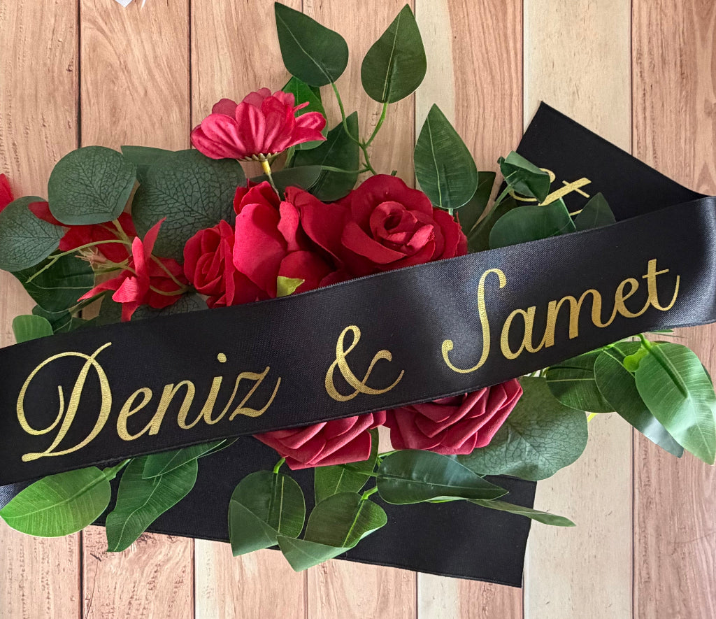 Custom Printed Black Ribbon 6cm - Personalized Gold Lettering for Wedding Bouquet