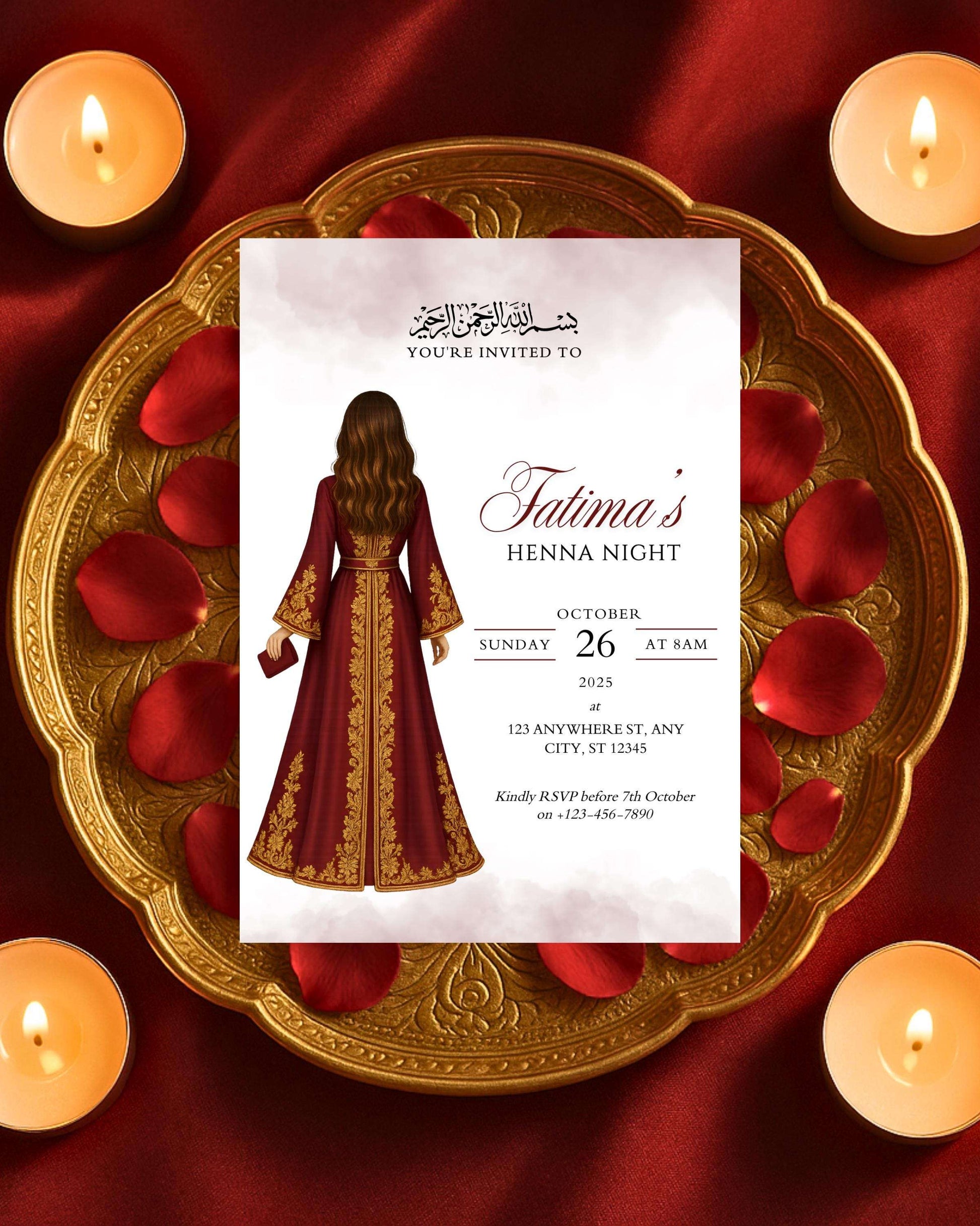 editable henna night invitation Muslim bride A6” or “digital mehndi invitation mobile size Canva template”.