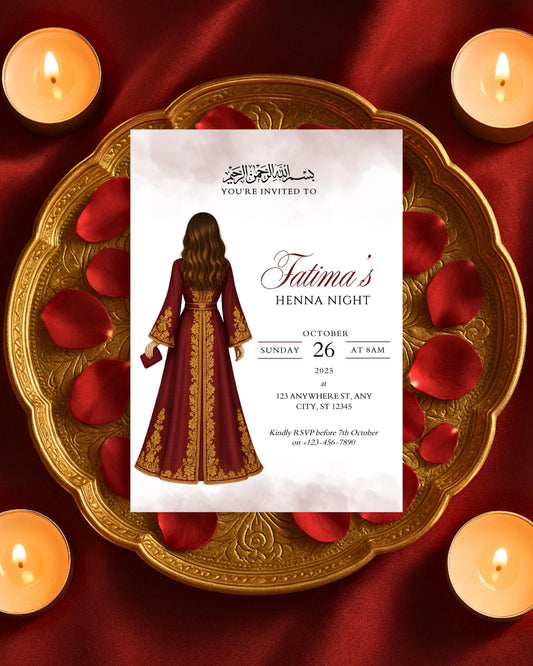 Invitation card for a Henna Night event with candles and rose petals on a red background