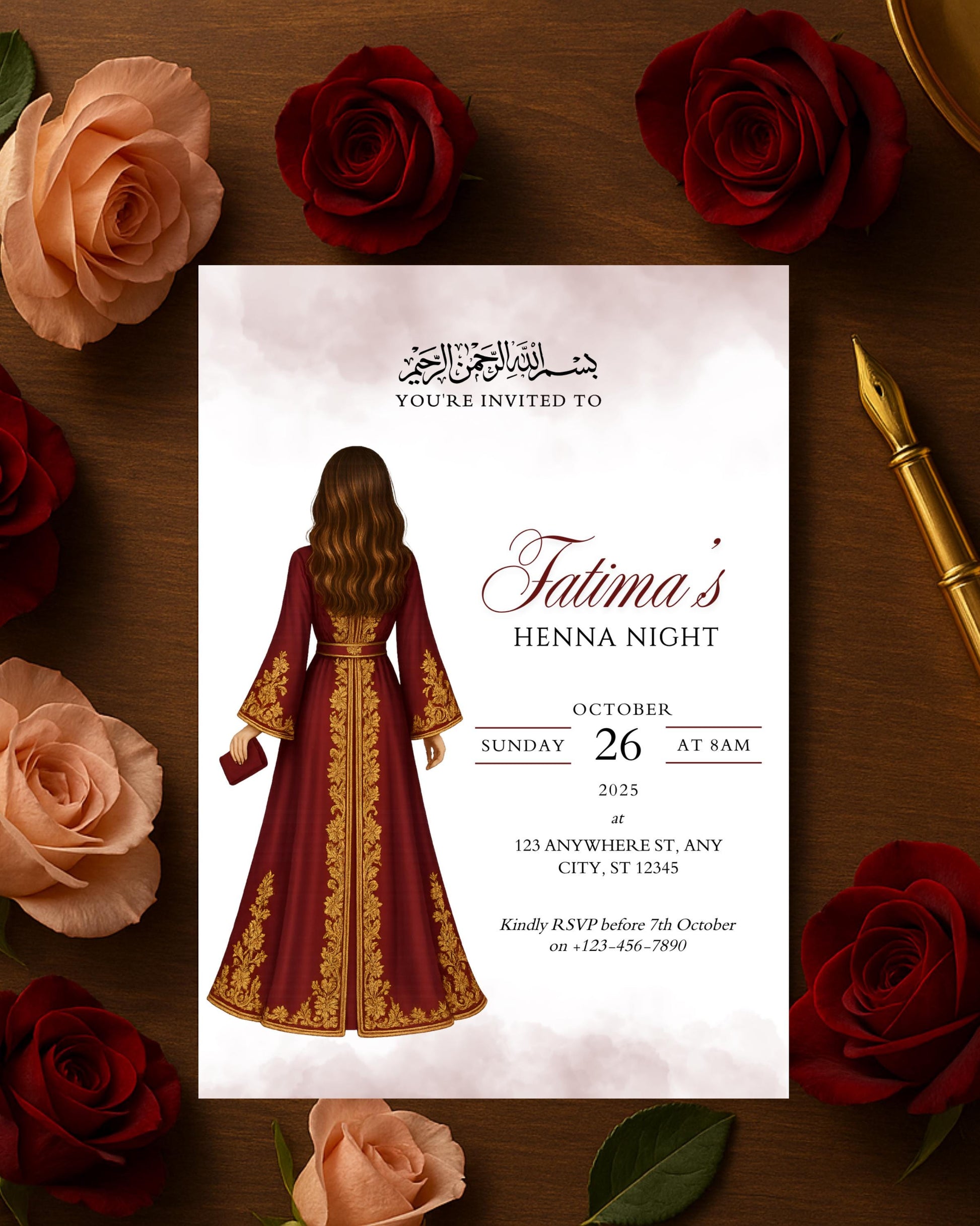 Invitation card for Talima's Henna Night with a woman in a red dress surrounded by roses on a wooden surface.