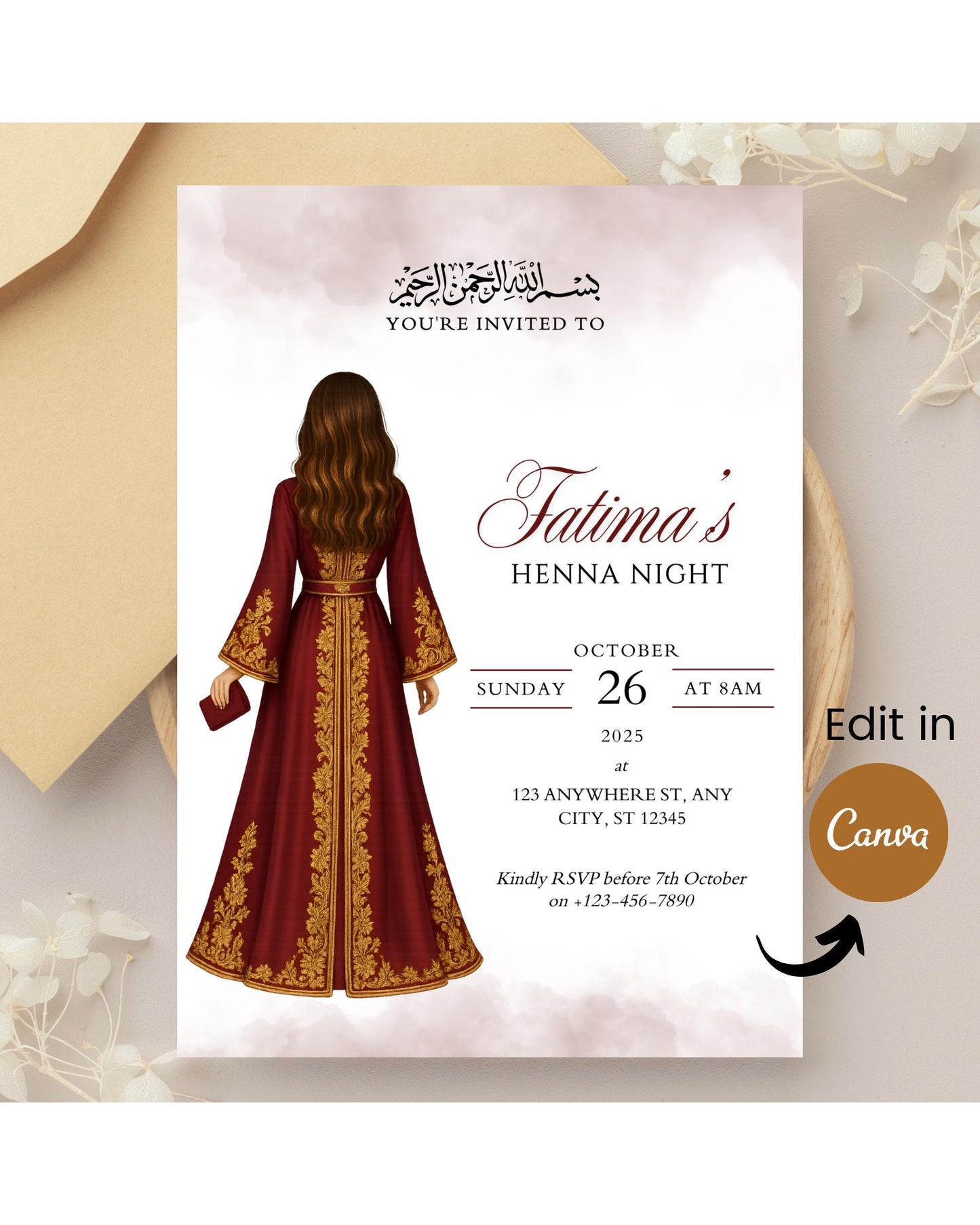 Invitation card for Fatima's Henna Night with a red dress design, featuring Canva branding.