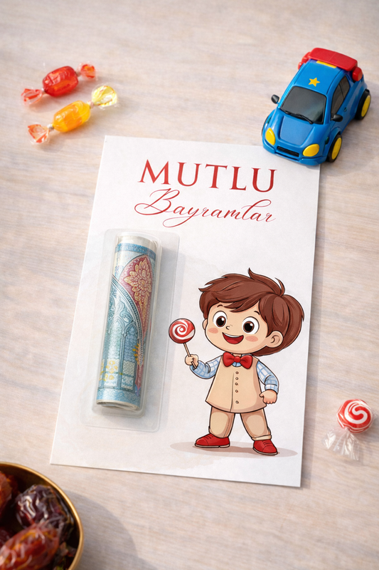Children's greeting card with a cartoon boy holding a lollipop, surrounded by small toys and candies on a wooden surface.