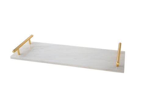 Marble tray with gold handles on a white background