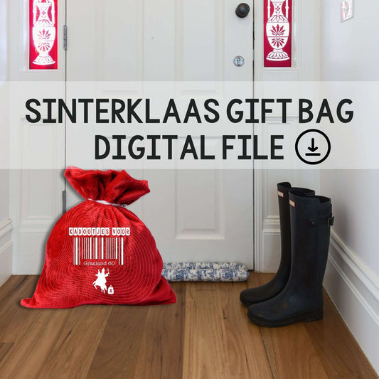 Red gift bag with a barcode and text, black boots on a wooden floor, white door with red decorations.