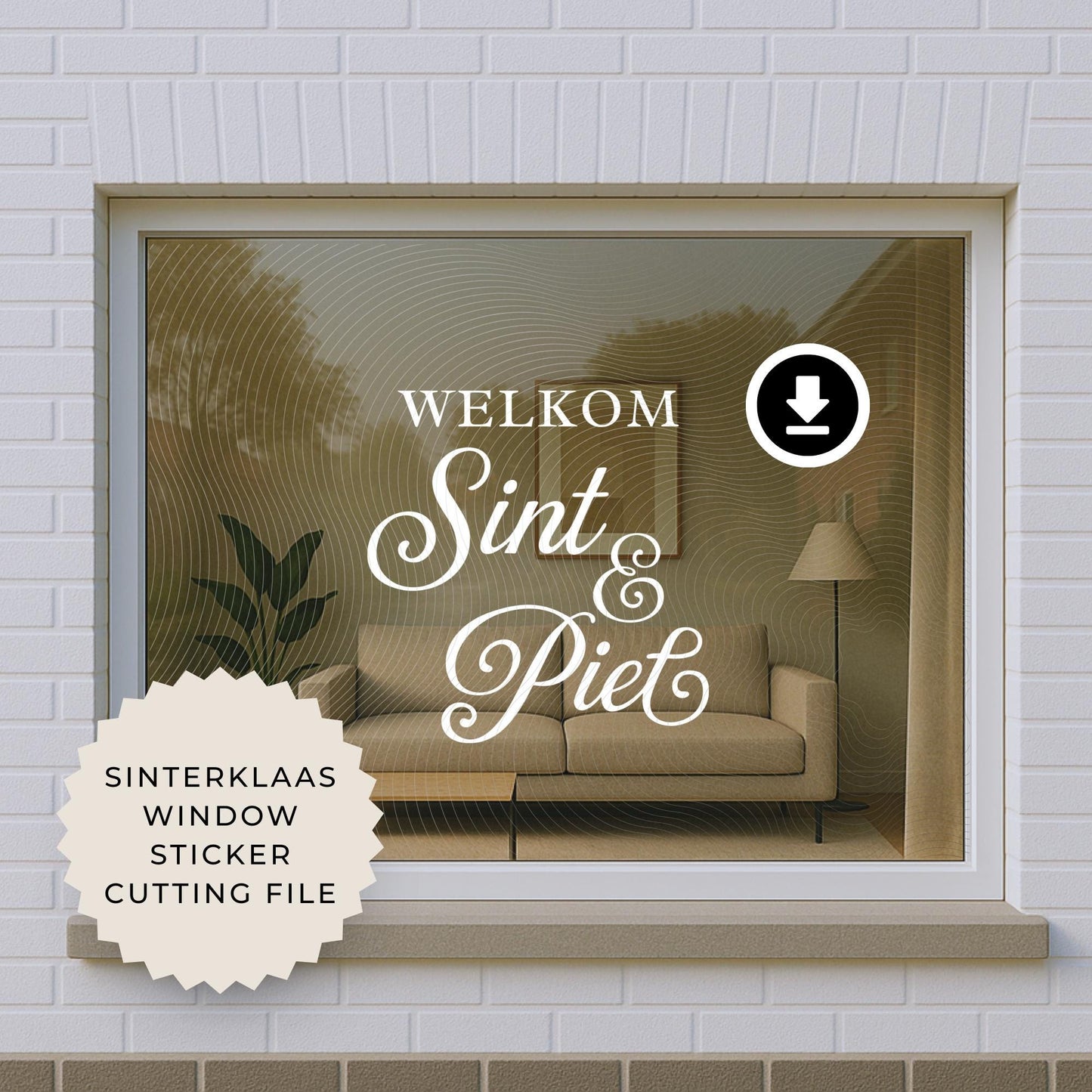 Window sticker design with 'Welkom Sint & Piet' text on a window frame.