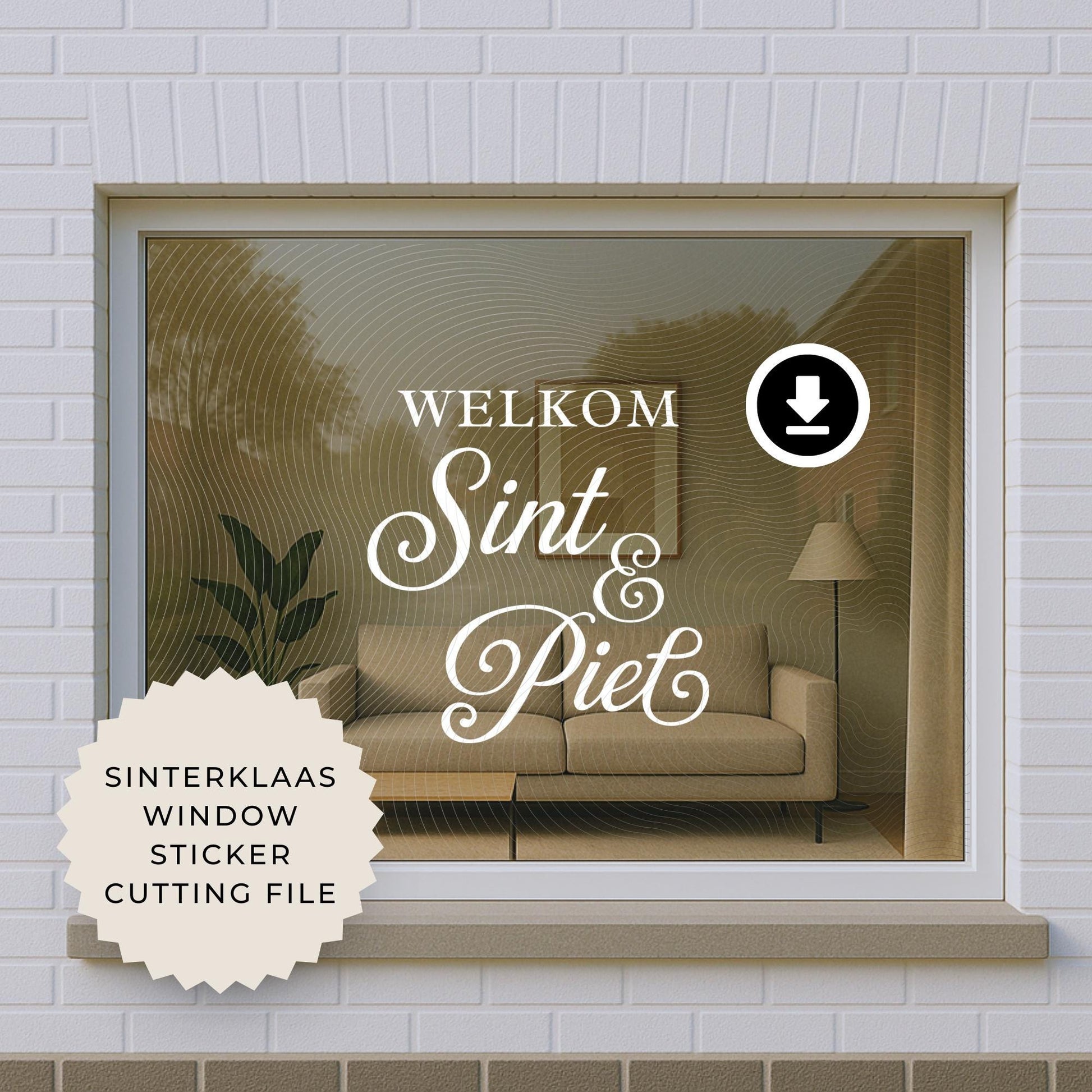 Window sticker design with 'Welkom Sint & Piet' text on a window frame.