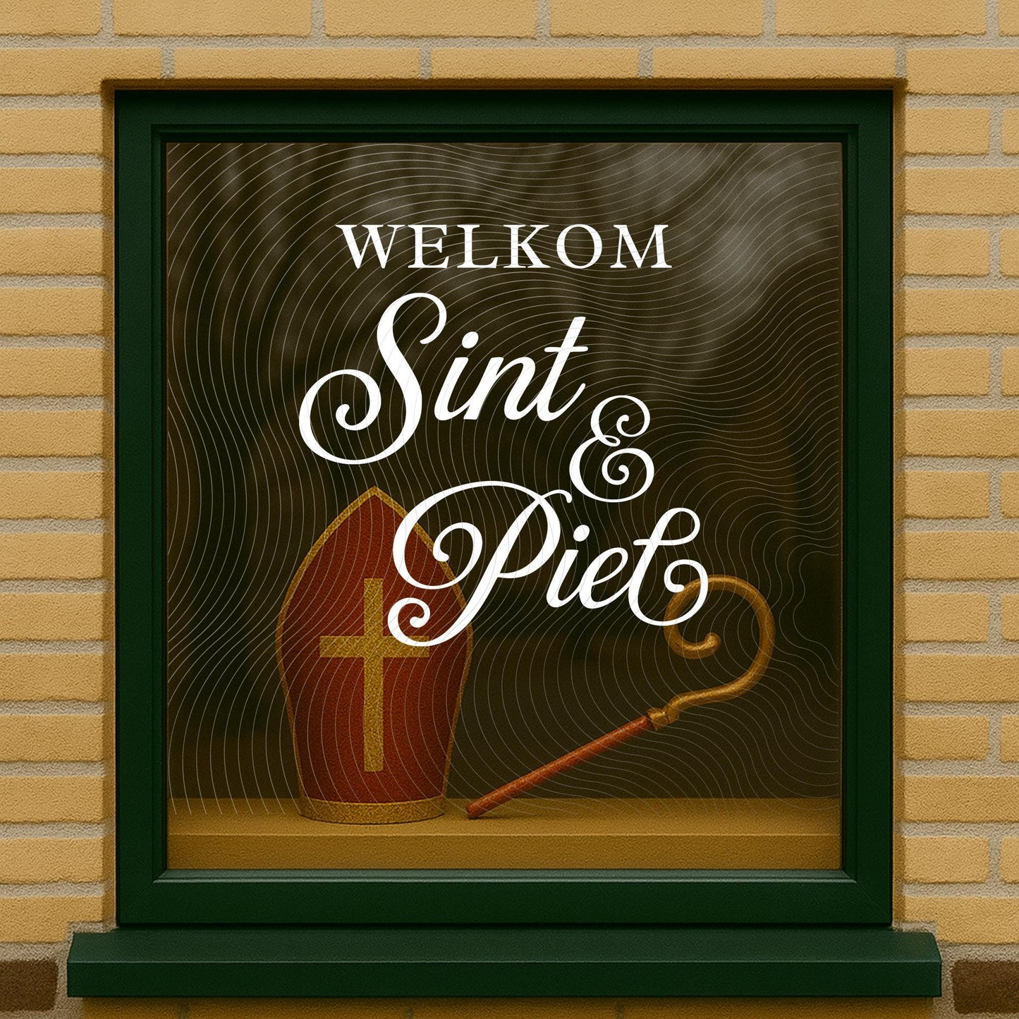 Decorative sign with 'WELKOM Sint & Piet' text on a  glass
