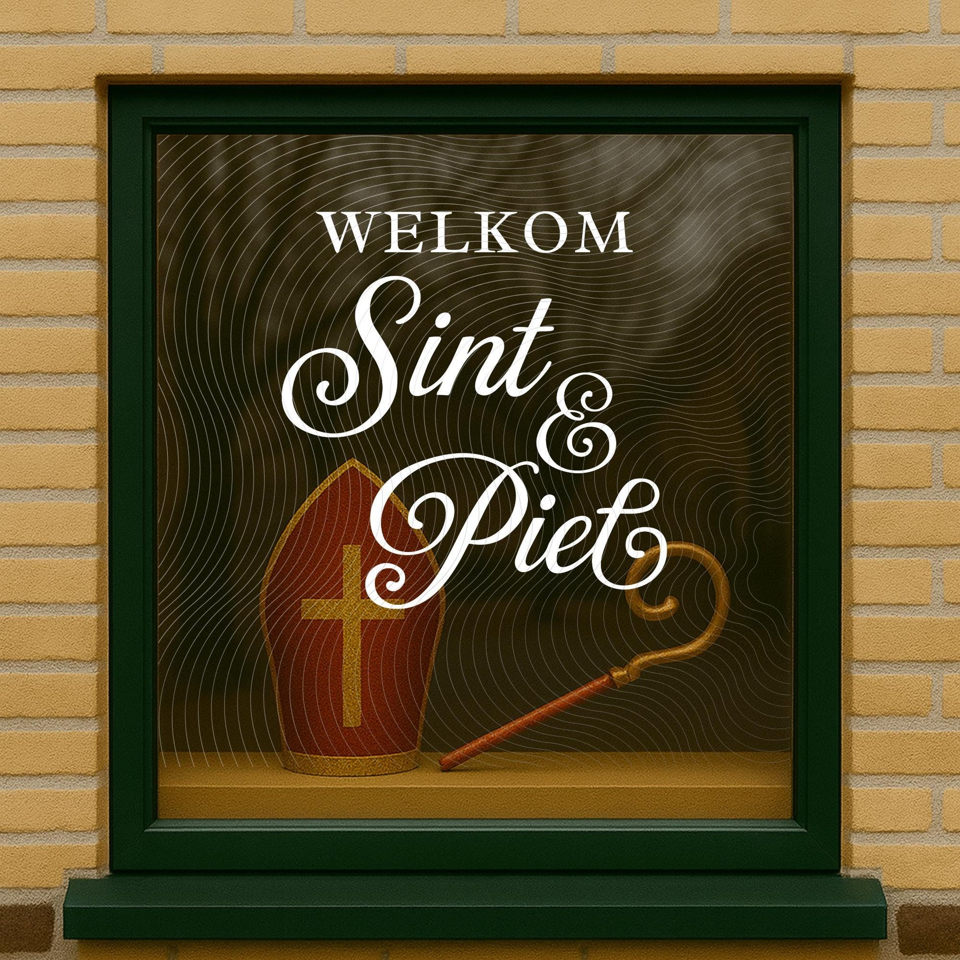 Decorative sign with 'WELKOM Sint & Piet' text on a  glass
