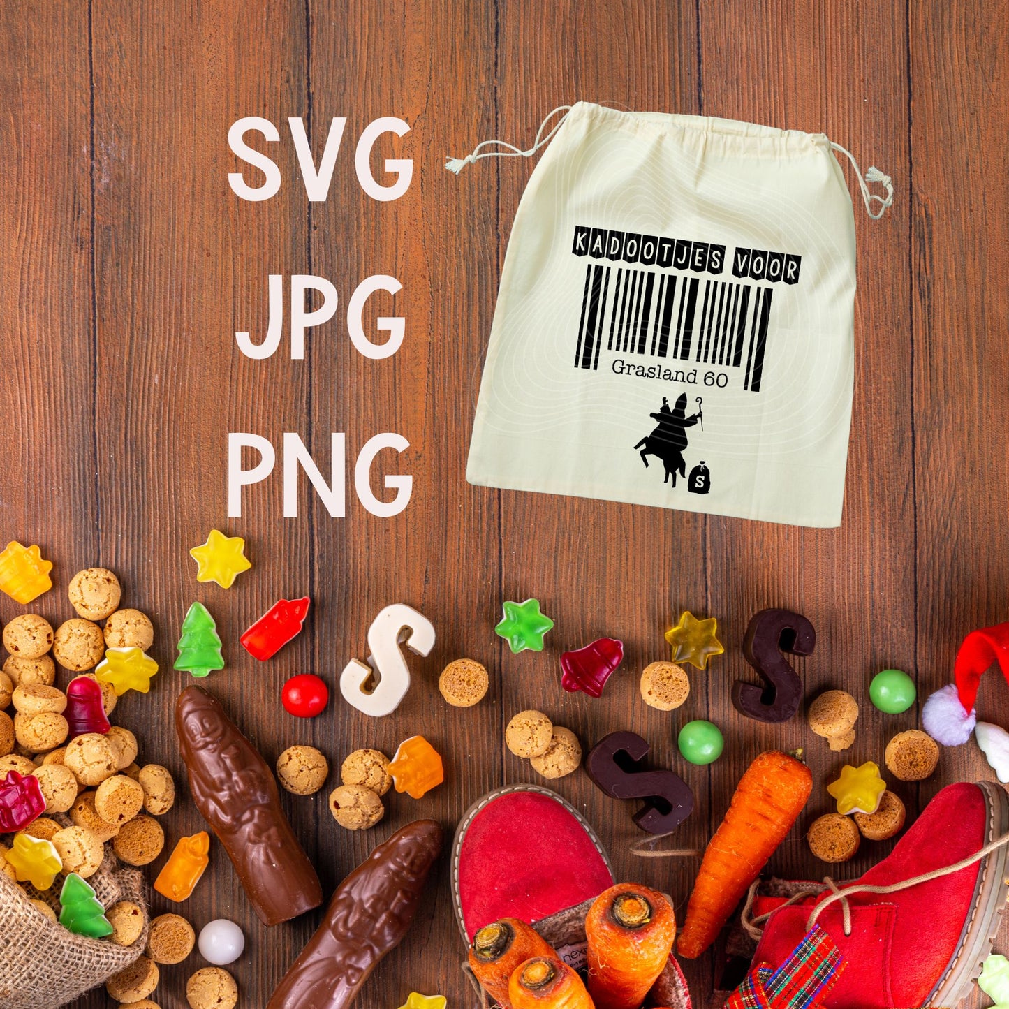 Decorative items including a bag with a barcode design on a wooden surface, surrounded by colorful candies and cookies.