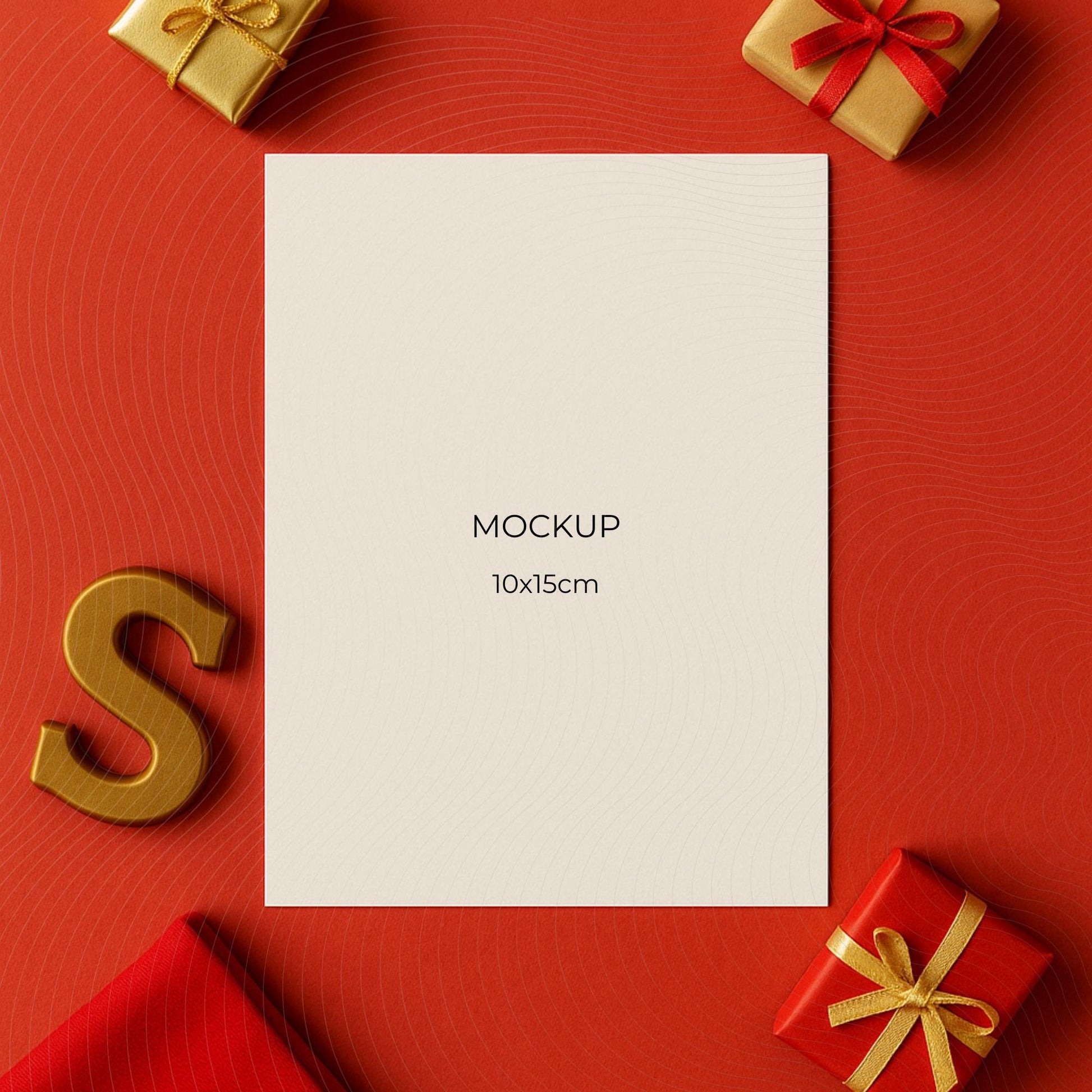 White card mockup on a red background with gold and red gift boxes and ribbons.
