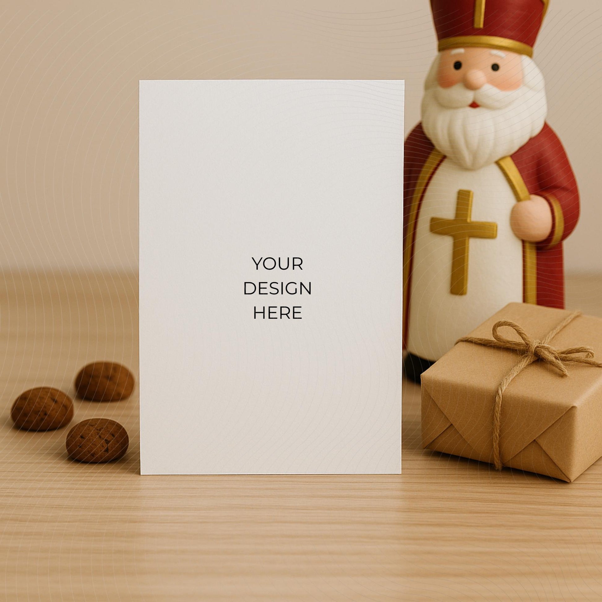 Card mockup with Saint Nicholas figure, gift, and cookies on a wooden surface.