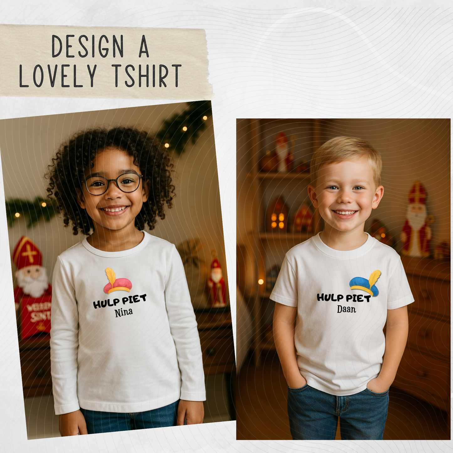Two children wearing t-shirts with 'Hulp Piet' designs and text.