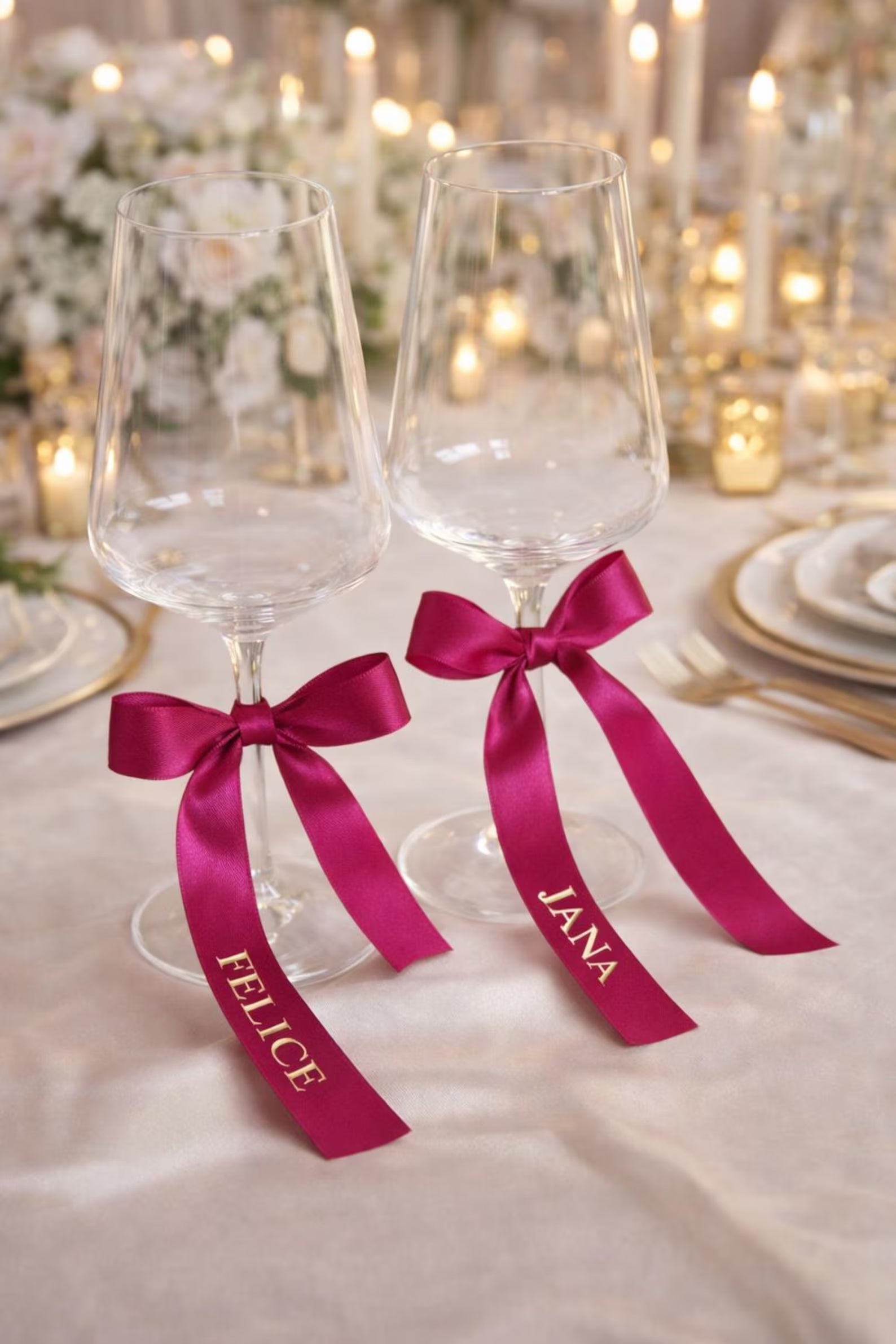 Two wine glasses with pink ribbons labeled 'Felice' and 'Lana' on a table setting.