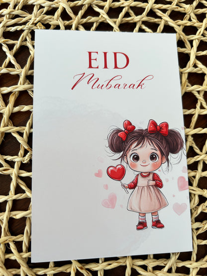 Card with a cartoon girl and 'EID Mubarak' text on a woven surface