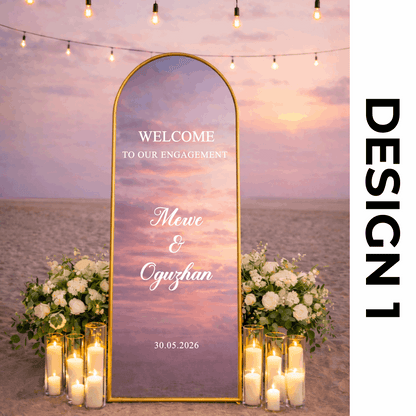 Decorative arch with floral arrangements and candles against a sunset sky, with 'Welcome to our engagement' text.