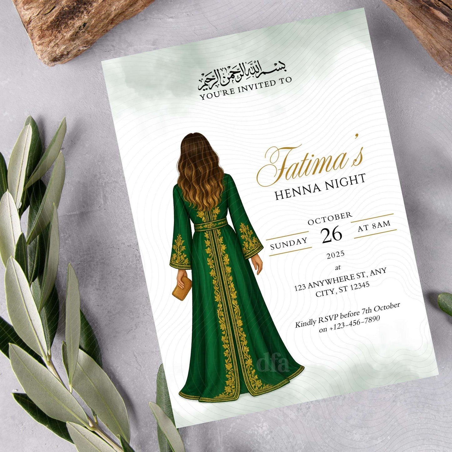 Editable Digital Henna Night Invitation – Muslim Bride With Green Dress  | A6 & Mobile Size | Canva Template