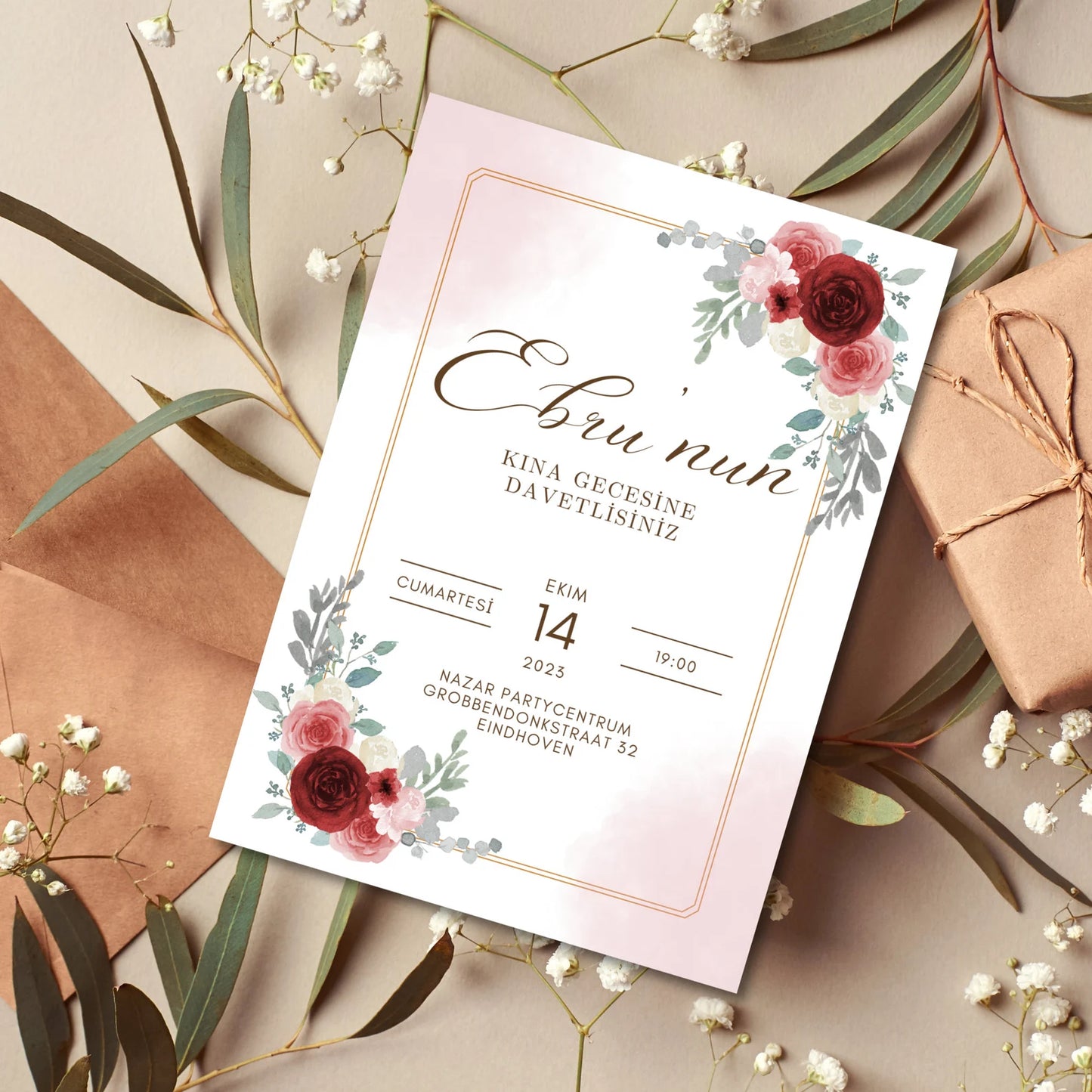 Digital Henna Night Invitation, Floral Design, Editable in Canva, Two Sizes: A6 and Mobile Phone