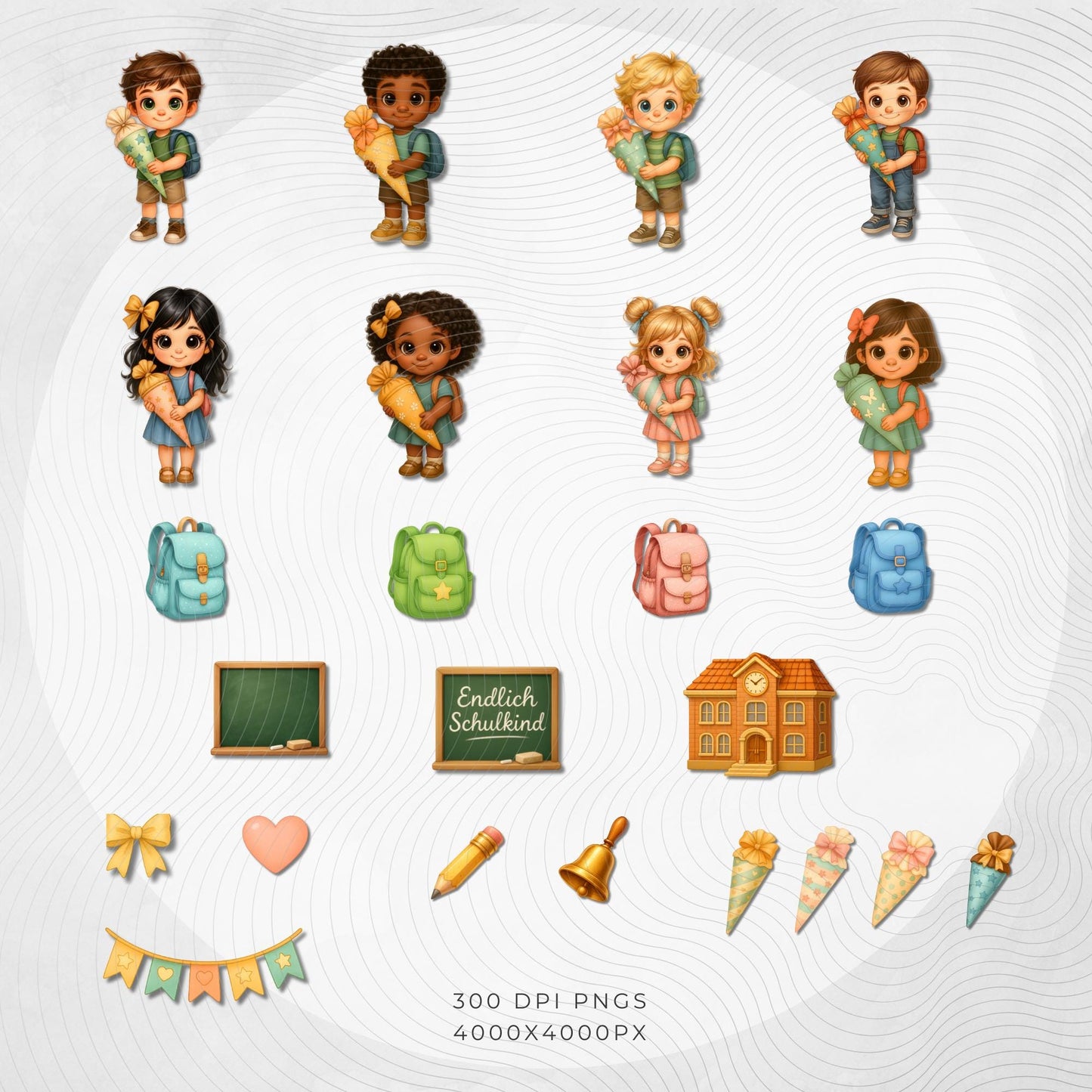 German School Cone Clipart First Day of School PNG Set (300 DPI)