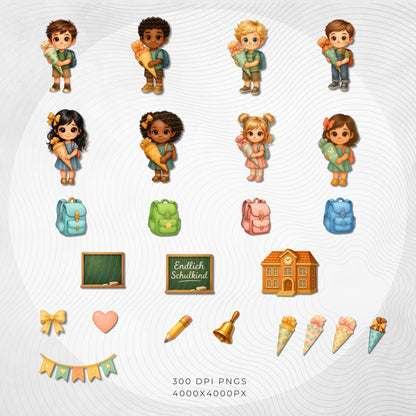 German School Cone Clipart First Day of School PNG Set (300 DPI)