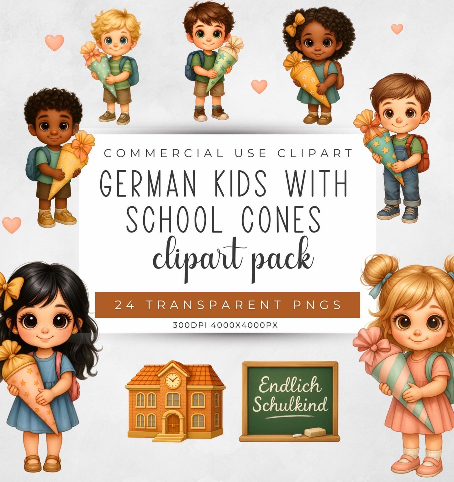 German School Cone Clipart First Day of School PNG Set (300 DPI)