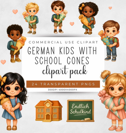 German School Cone Clipart First Day of School PNG Set (300 DPI)