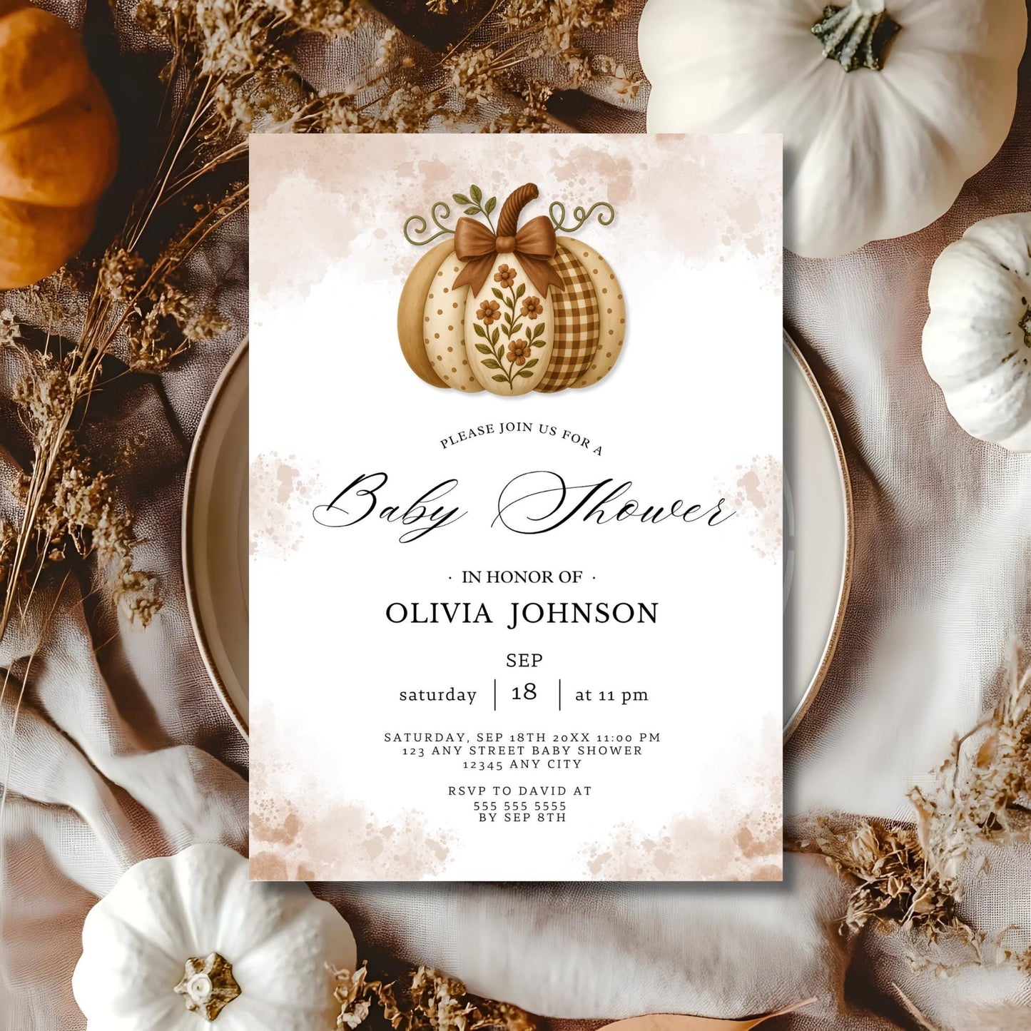 Digital Pumpkin Baby Shower Invitation, Edit in Canva