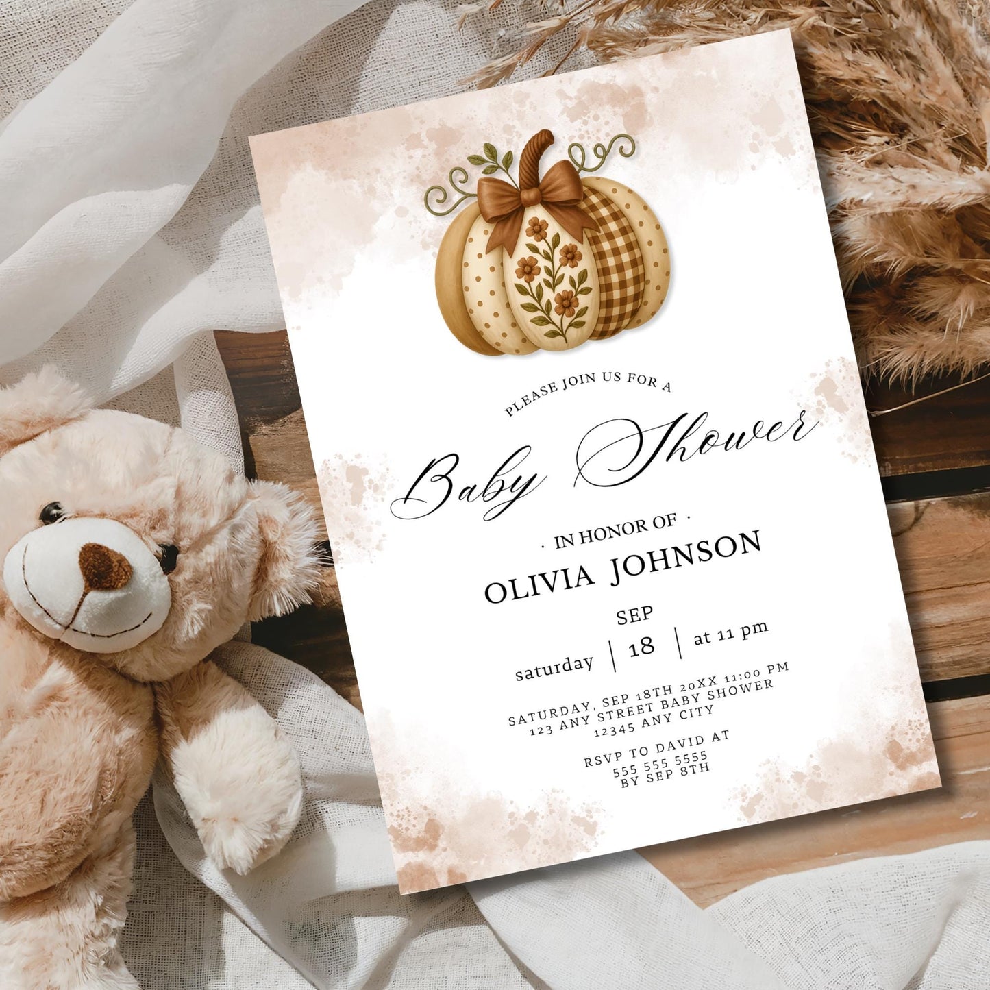 Digital Pumpkin Baby Shower Invitation, Edit in Canva