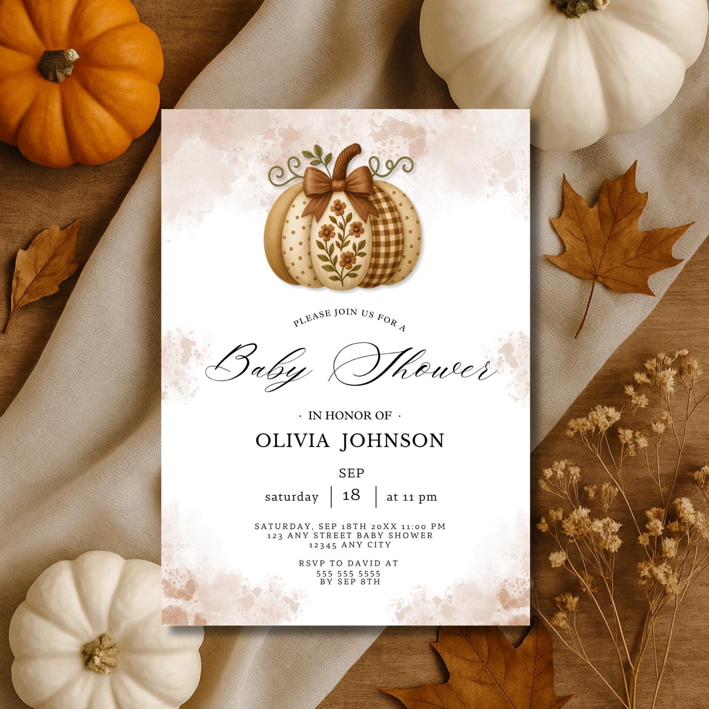 Digital Pumpkin Baby Shower Invitation, Edit in Canva
