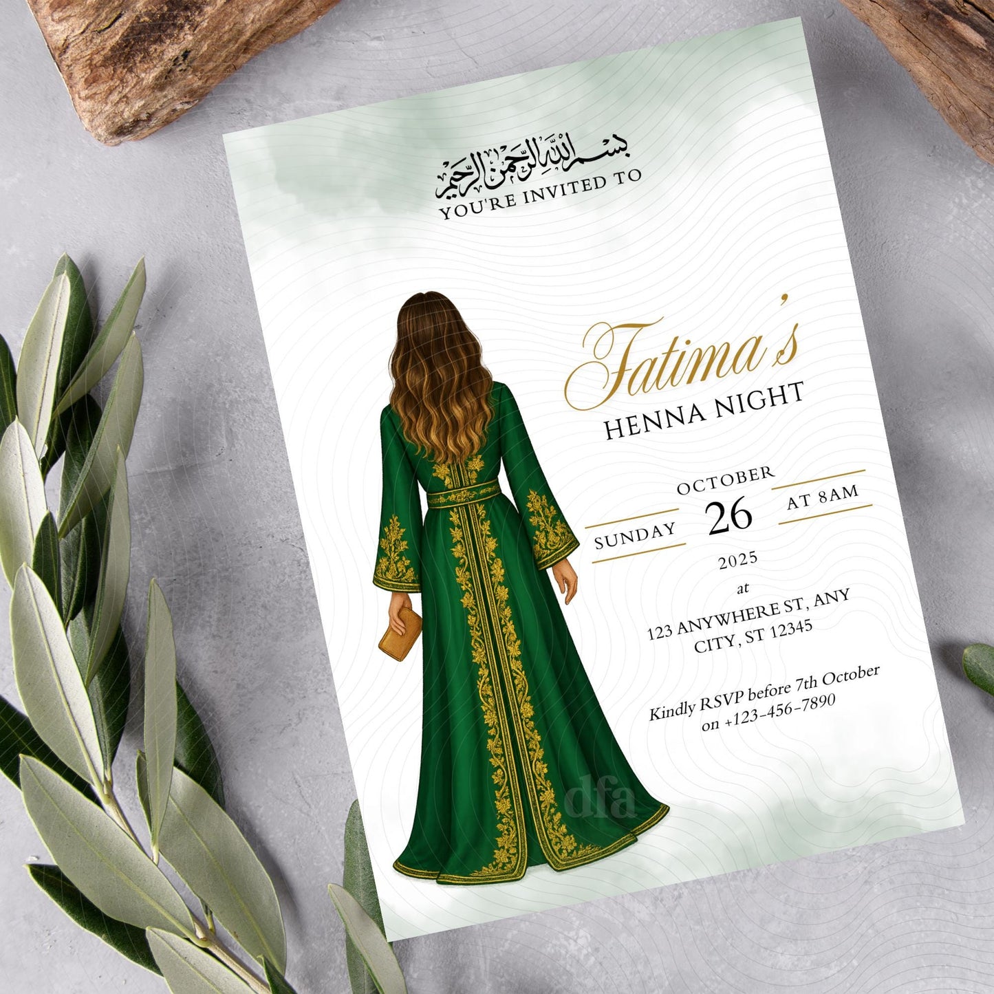 Editable Digital Henna Night Invitation – Muslim Bride With Green Dress  | A6 & Mobile Size | Canva Template