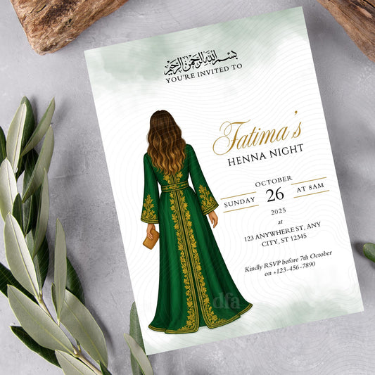 Editable Digital Henna Night Invitation – Muslim Bride With Green Dress  | A6 & Mobile Size | Canva Template