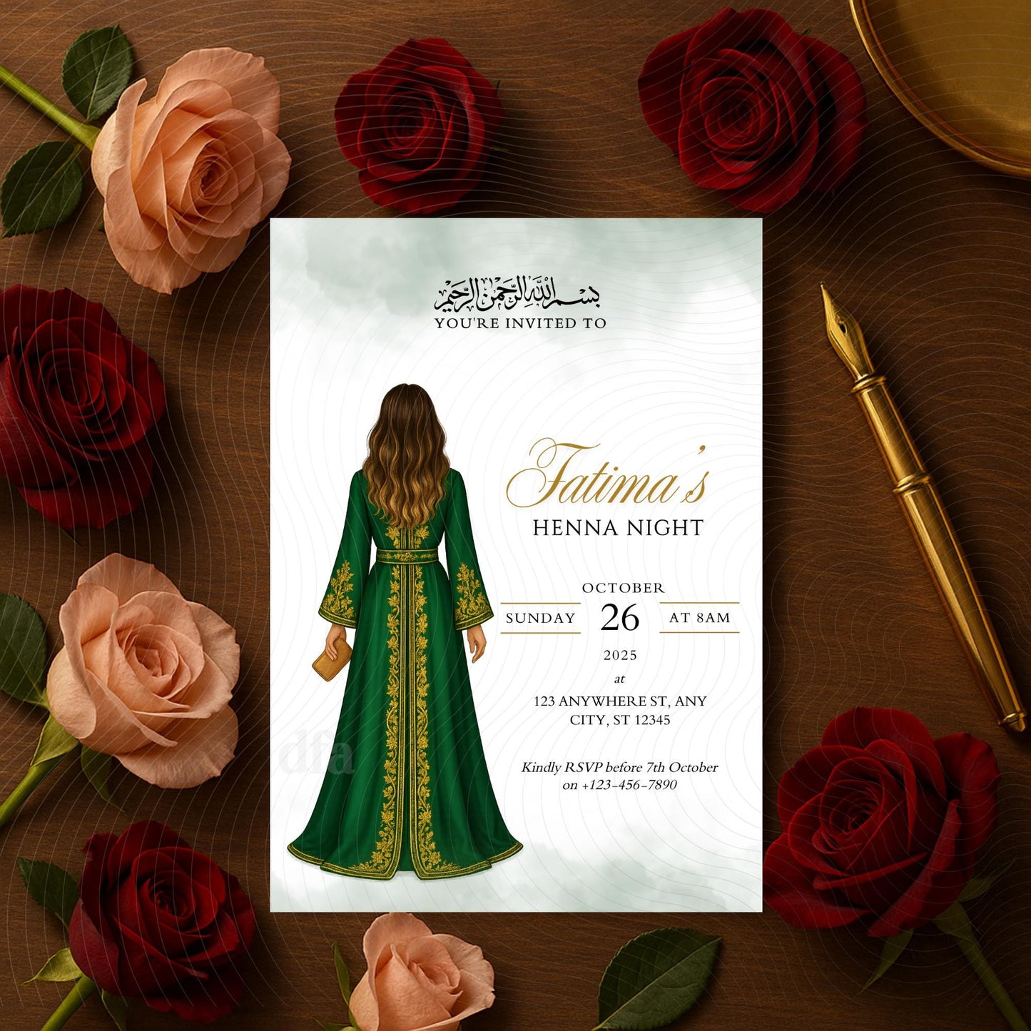 Editable Digital Henna Night Invitation – Muslim Bride With Green Dress  | A6 & Mobile Size | Canva Template
