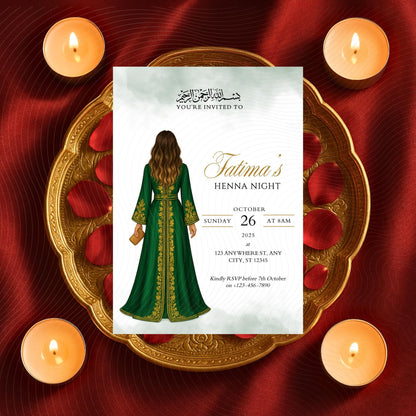 Editable Digital Henna Night Invitation – Muslim Bride With Green Dress  | A6 & Mobile Size | Canva Template