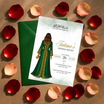 Editable Digital Henna Night Invitation – Muslim Bride With Green Dress  | A6 & Mobile Size | Canva Template