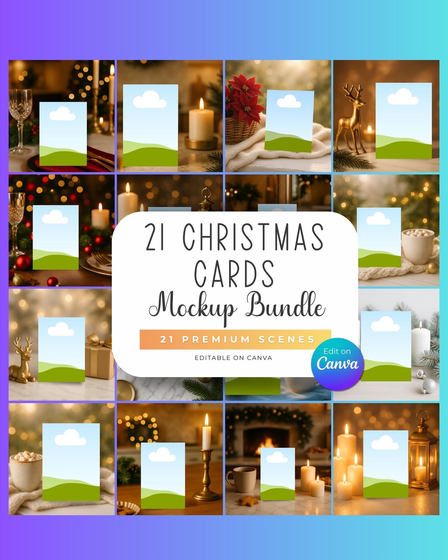 Cozy Christmas Card Mockup Bundle, Editable on Canva