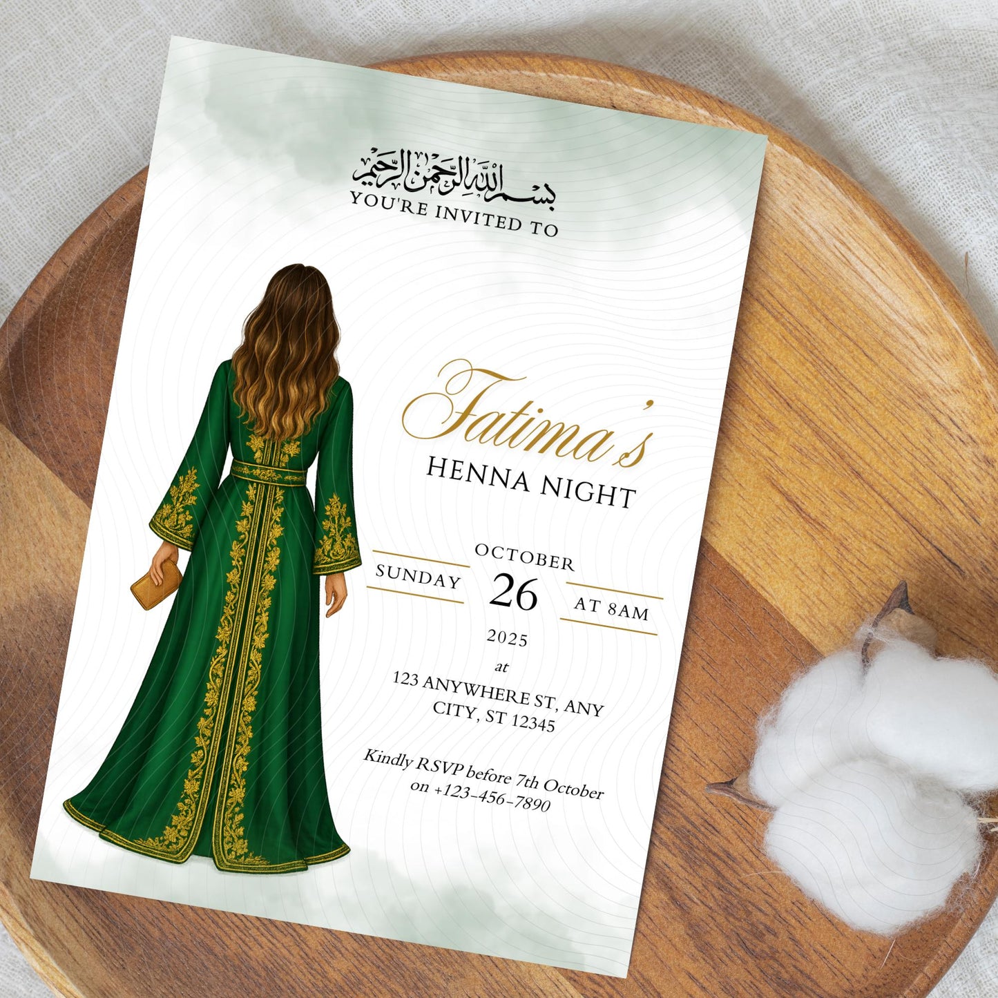 Editable Digital Henna Night Invitation – Muslim Bride With Green Dress  | A6 & Mobile Size | Canva Template