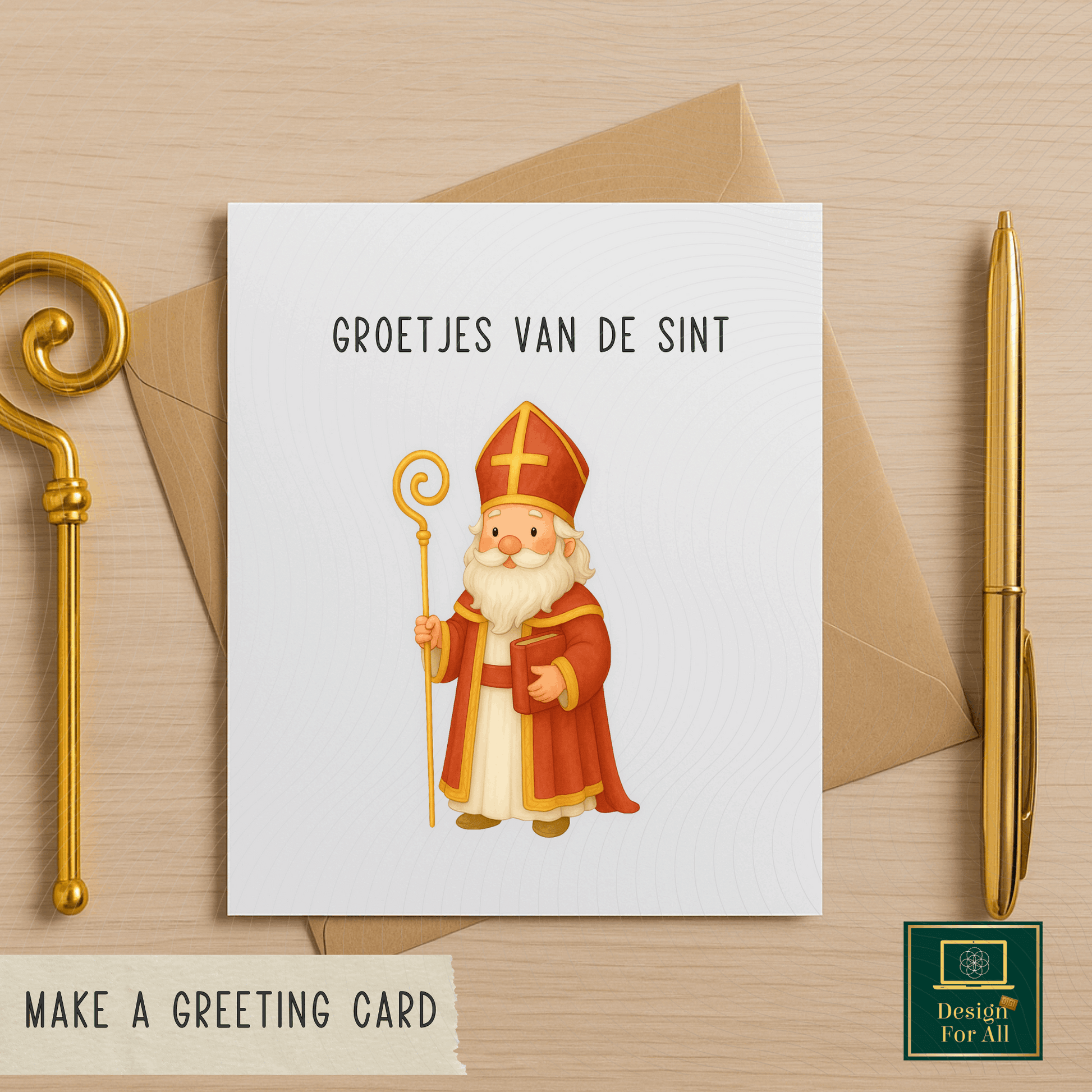 Greeting card with illustration of a character and text 'Groetjes van de Sint' on a wooden surface with a pen and envelope.