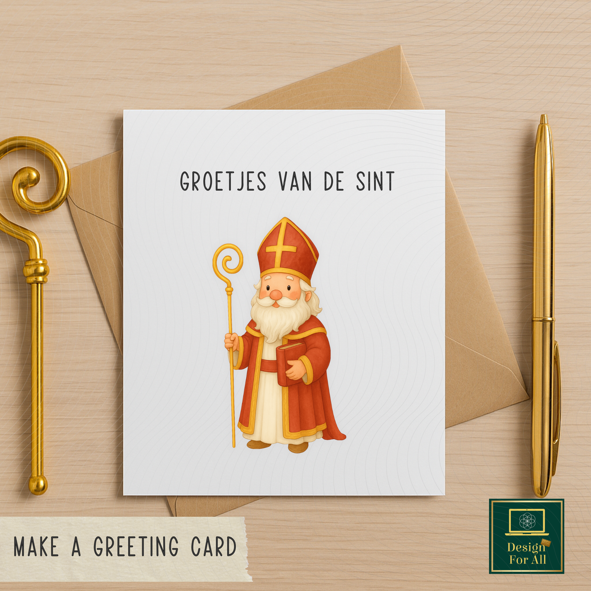 Greeting card with illustration of a character and text 'Groetjes van de Sint' on a wooden surface with a pen and envelope.